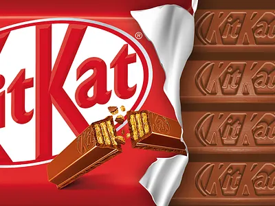 KitKat 4-finger crunched chocolate pack 3d bar bite chocolate crunch emboss foil kitkat kk light marketing metal open pack packshot pos posm red silver torn