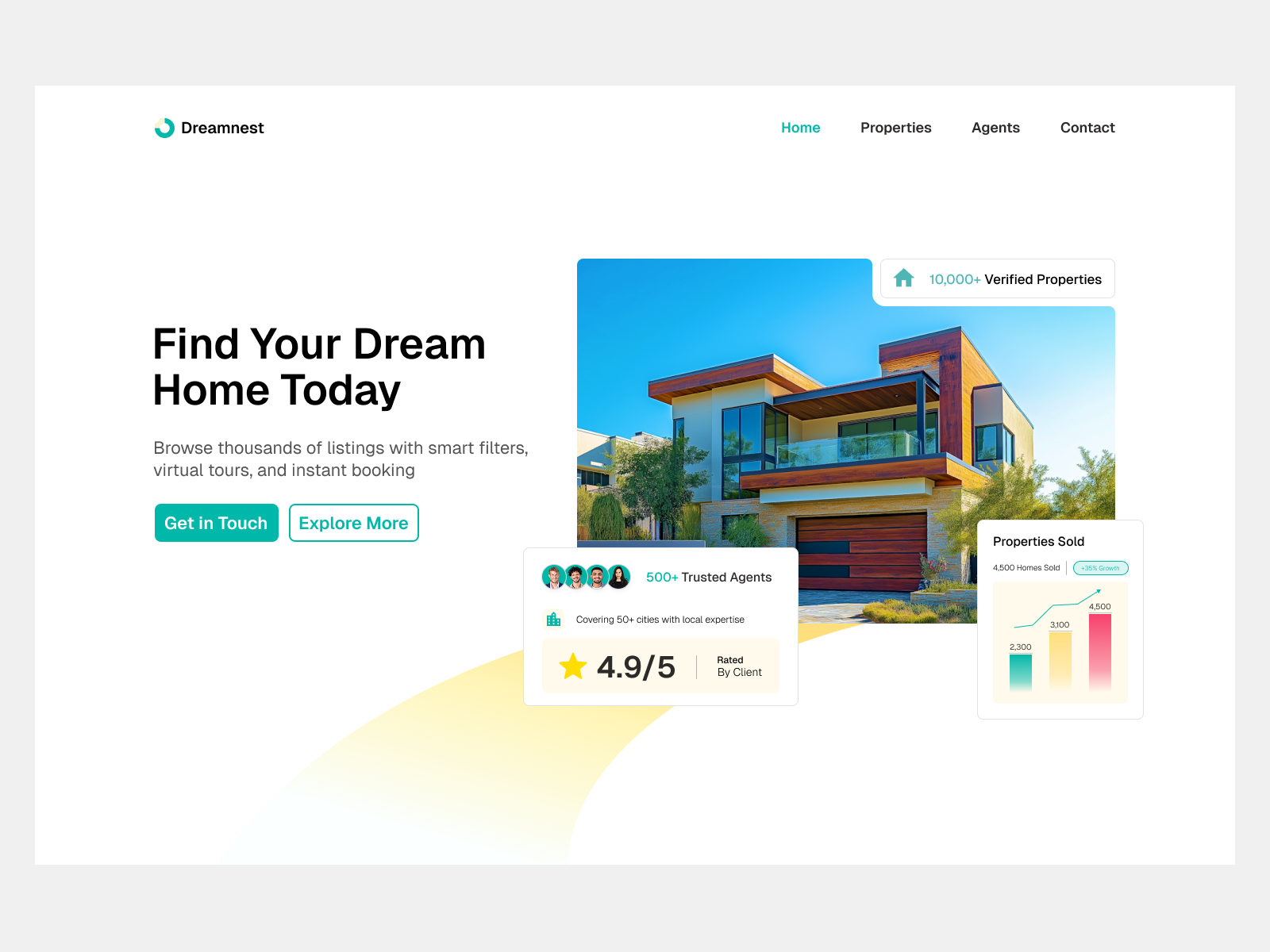 Dreamnest - Real Estate Hero Section Design clean design clean design web colorfull colorfull landing page colorfull web design green and white design green web design hero image hero section hero section design house hero section house landing page landing page modern design ui design web design