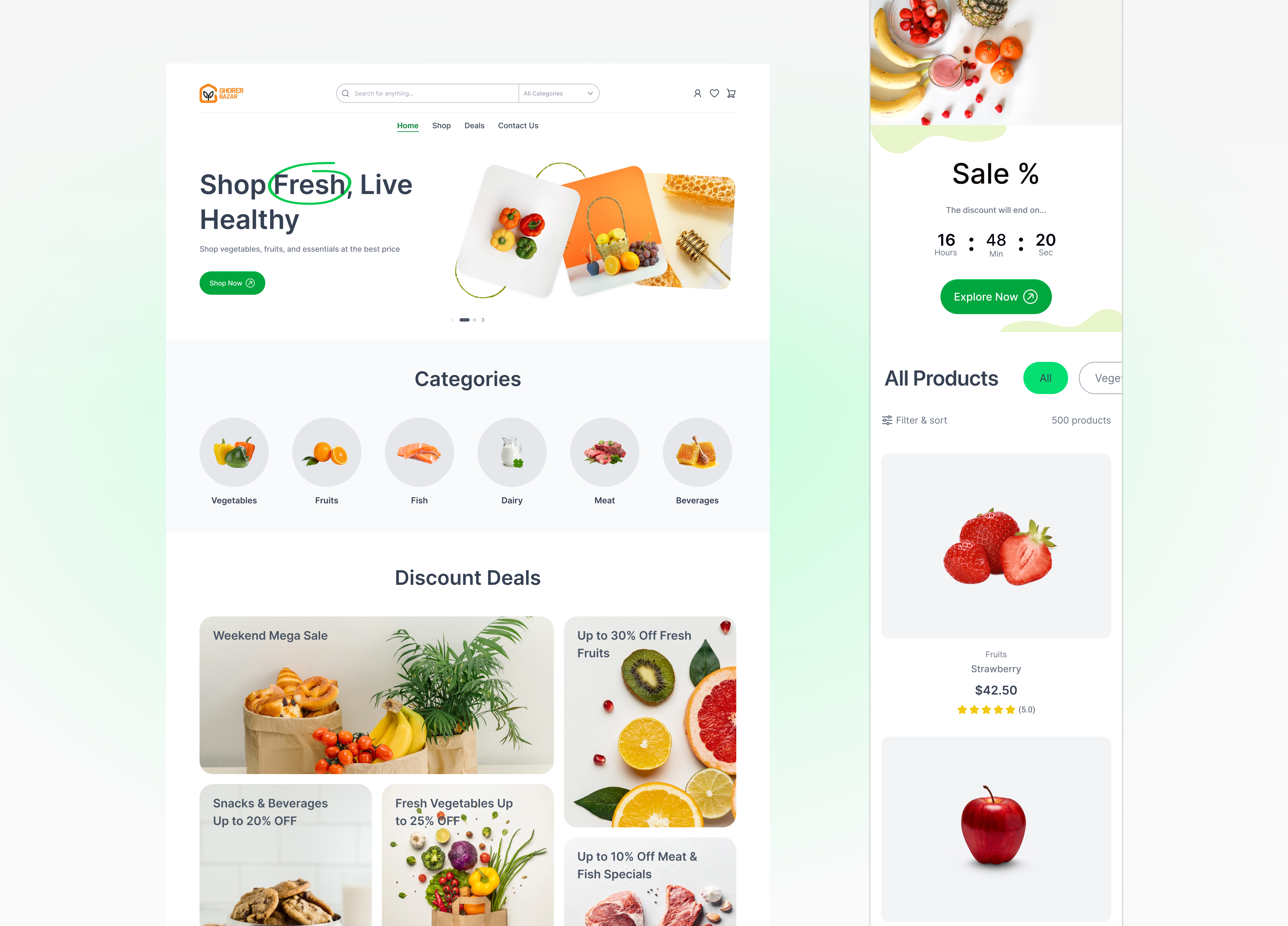 Ghorer Bazar—Fresh & Healthy Grocery UI Redesign designinspiration dribbble ecommercedesign fooddeliveryapp groceryapp minimaldesign mobileui onlinegrocerydesign productdesign responsivedesign uidesign uiux uxdesign