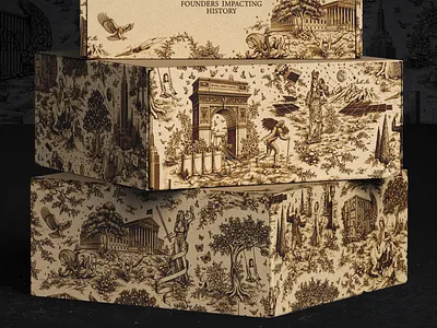 Social Impact Capital - Toile de Jouy illustration on mailer box box branding capital custom eagle finance graphic design hand drawn illustration line art lion logo luxury packaging packaging packaging design pattern science statue toile de jouy tree