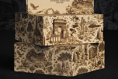 Social Impact Capital - Toile de Jouy illustration on mailer box box branding capital custom eagle finance graphic design hand drawn illustration line art lion logo luxury packaging packaging packaging design pattern science statue toile de jouy tree