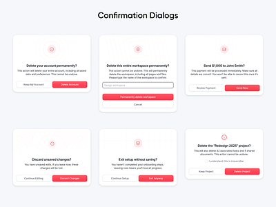 Confirmation Dialogs account deletion admin interface ux confirmation dialog confirmation dialog ui confirmation ux critical action ux design system destructive cta pattern dialog box design microcopy modal modal best practices payment confirmation project deletion workspace deletion