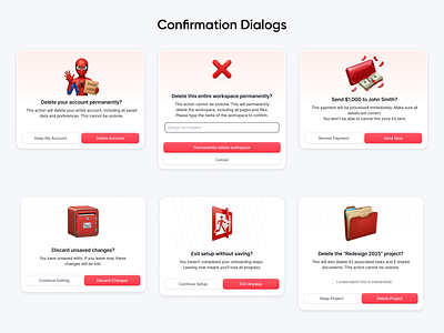 Confirmation dialog box 3d illustration ux 3d illustrations account account delete confirmation dialog ui confirmation dialogs confirmation flow confirmation ux patterns destructive action modals friction mechanism ux irreversible action pattern payment confirmation saas design component user confirmation ux patterns visual storytelling workspace deletion
