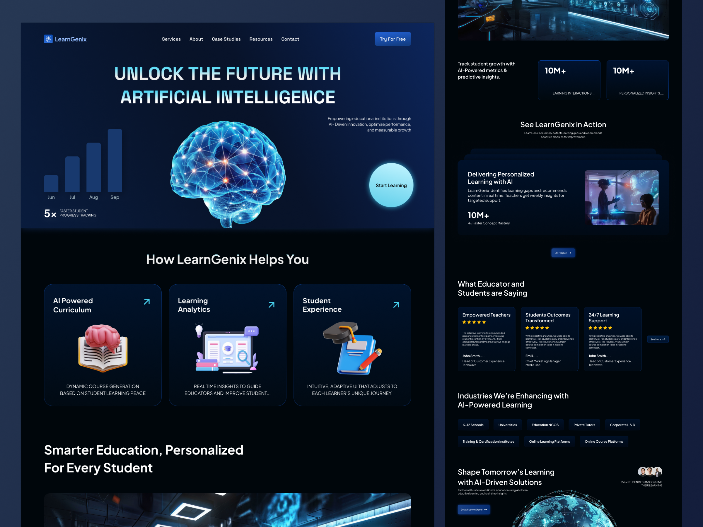 AI-Powered Education Platform Website Design | LearnGenix 3d ui ai landing page aidesign dark theme ui education platform learning platfprm ui ui inspiration ux web design