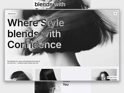 Velvet Crown 4column blackandwhite confidence grid hair salon layout logo minimal photo style typography website