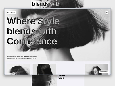 Velvet Crown 4column blackandwhite confidence grid hair salon layout logo minimal photo style typography website