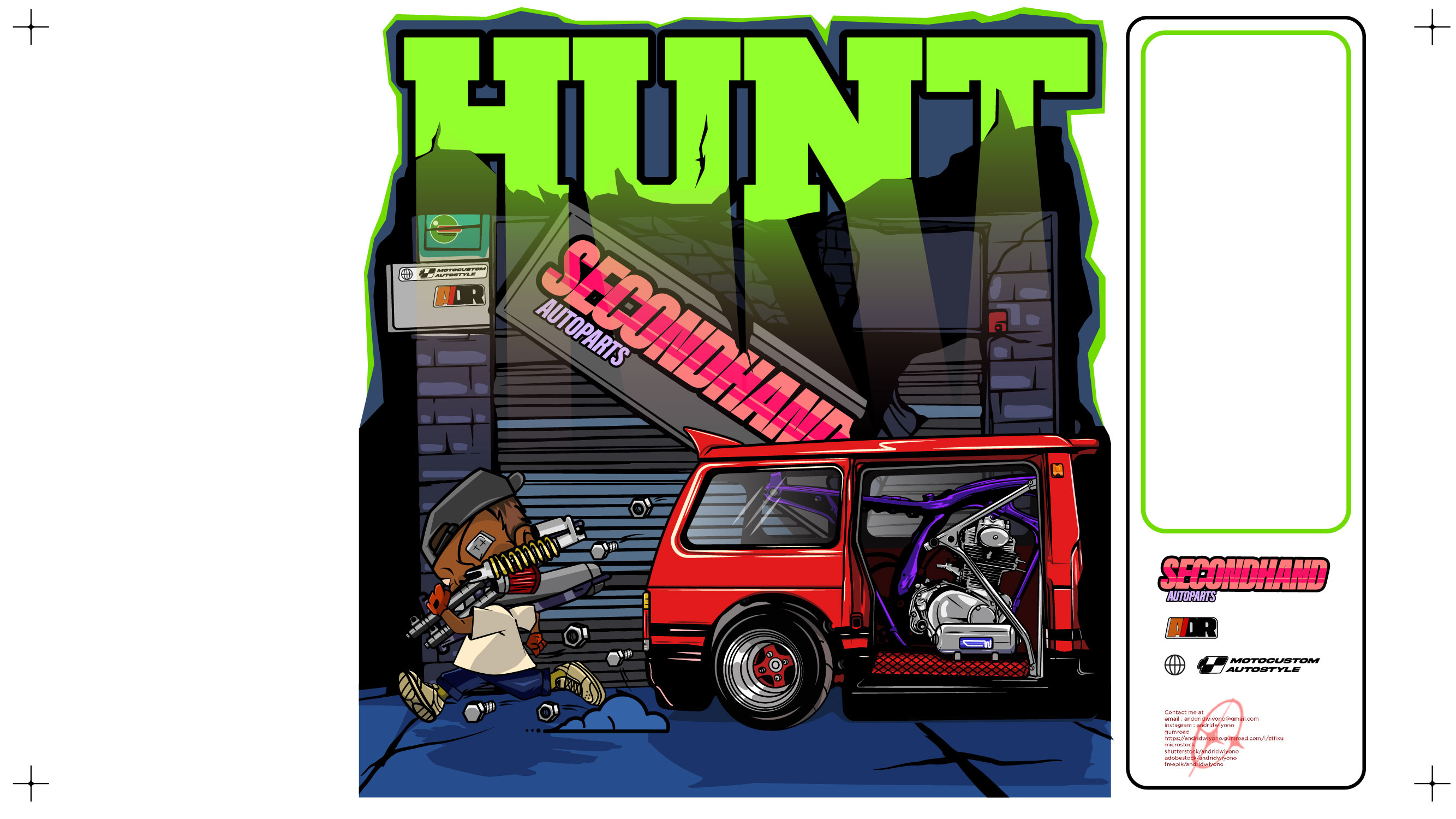 HUNTER SECONDHAND AUTOPARTS automototif autoparts car club design garage graphic graphic design hunt illustration logo modification motorcycle secondhand team vector