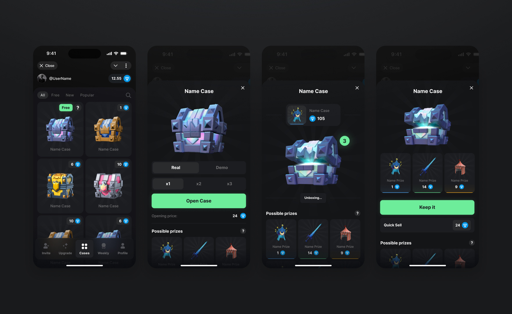 Telegram Mini App: BOXTON (Open Cases) boxes boxton branding cases casino design gambling game illustration juicyart logo open case ui uiux unboxing
