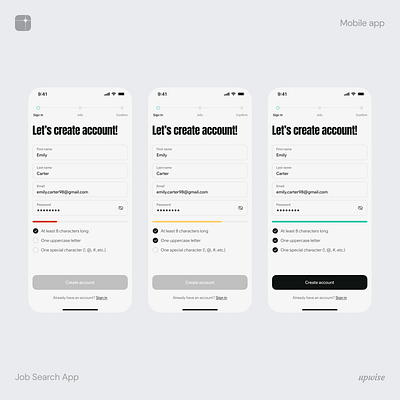 Sign Up Flow – Job Search Mobile App UI account creation app clean design flow ios job app mobile mobile app sign up ui user interface ux