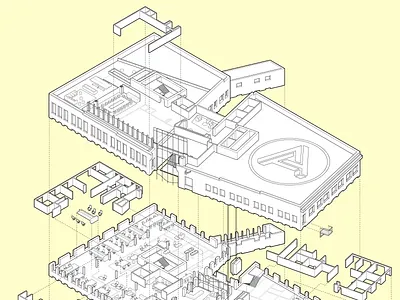 Exploded Architectural Model adobe illustrator architecture arnold boston building exploded view guide lines inside instructional design instructional graphics interior isometric line art model office systematic design technical drawing technical graphics technical illustration vector graphics