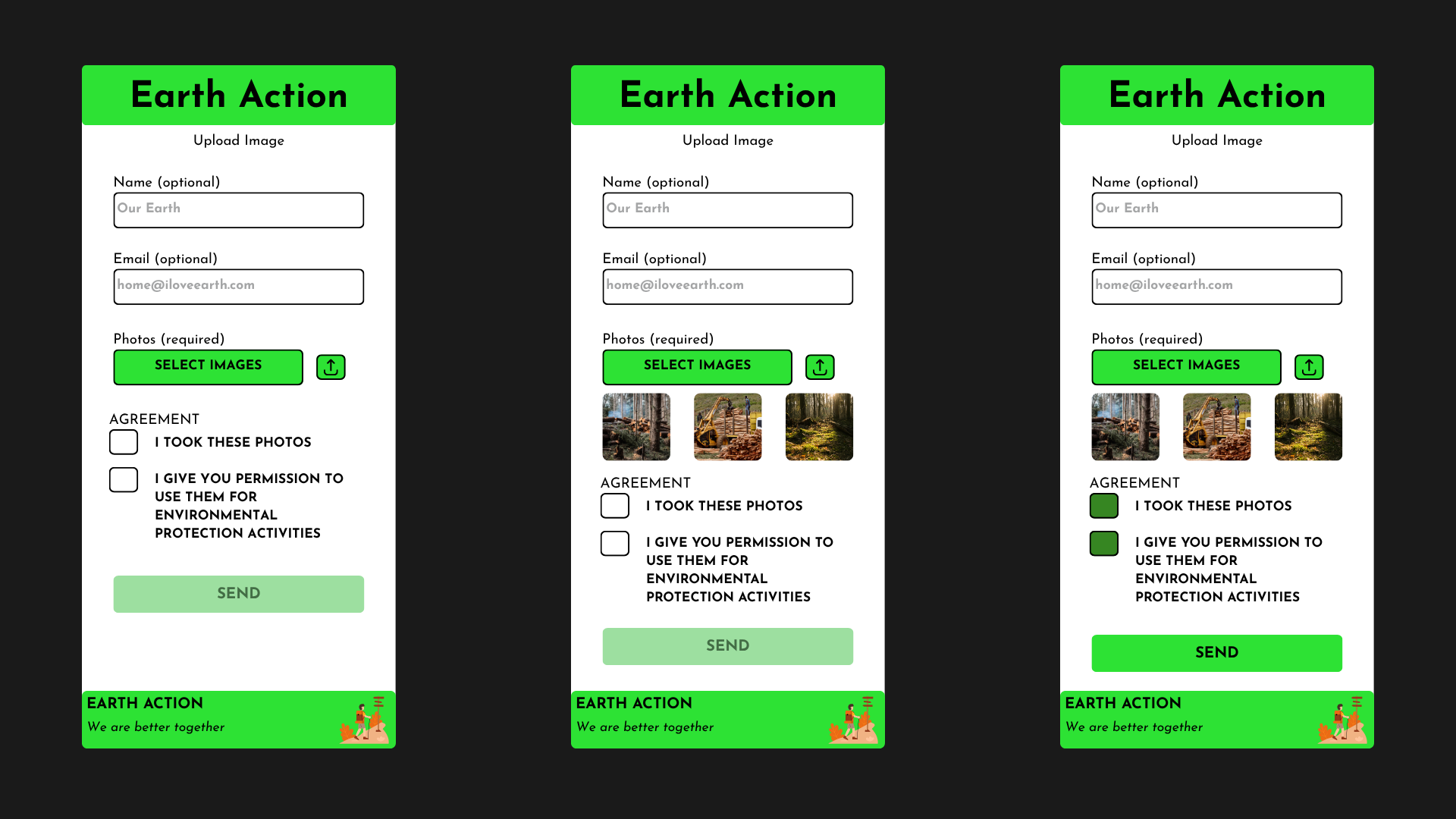 Earth Action: Photo uploader for group action 🌱💪🖼️ action distributed systems environment graphic design ui ux
