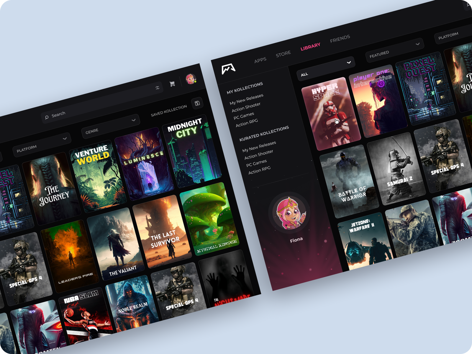 Gaming Library UI actionshooterui ai darkuiinspiration design esportsdashboard gamecollectorshub gamediscoveryapp gamelauncherui gamelibrarydesign gamerexperience gamestreamingdesign gamingdashboard immersiveux nextgengamingux pcgamesux pixelartinterface playtimeredefined ui user experience ux