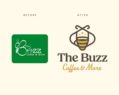 The Buzz Coffee & More | Proposed Rebrand bee branding coffee cup flat design freshbooks honey logo design mug organic rebound rebrand redesign small business stars warm
