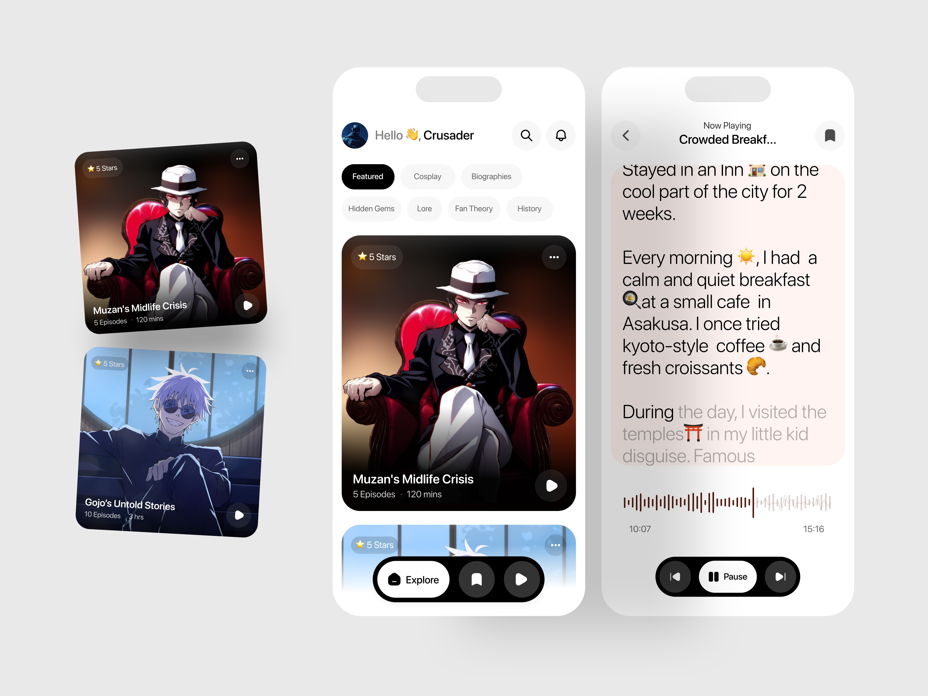Anime Podcast App ai animation anime app app design dark mode design kimetsu light mode mobile mobile app music muzan podcast spotify ui uiux ux