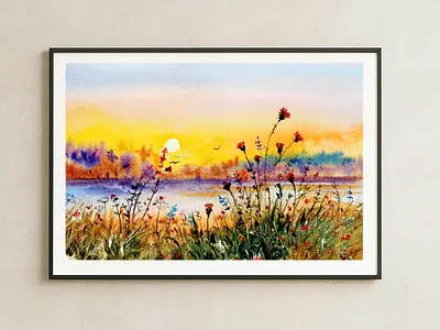 Original Watercolor Painting Landscape – Countryside Artwork art flower hand painted handmade nature paint painting rural