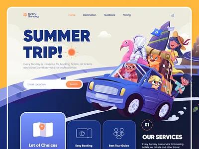 Every Sunday - Travel Service Website Header 2d illustration booking design explore figma flight graphic design header illustration landing page minimal tourism travel agency travel service traveling trip ui uiux vacation website