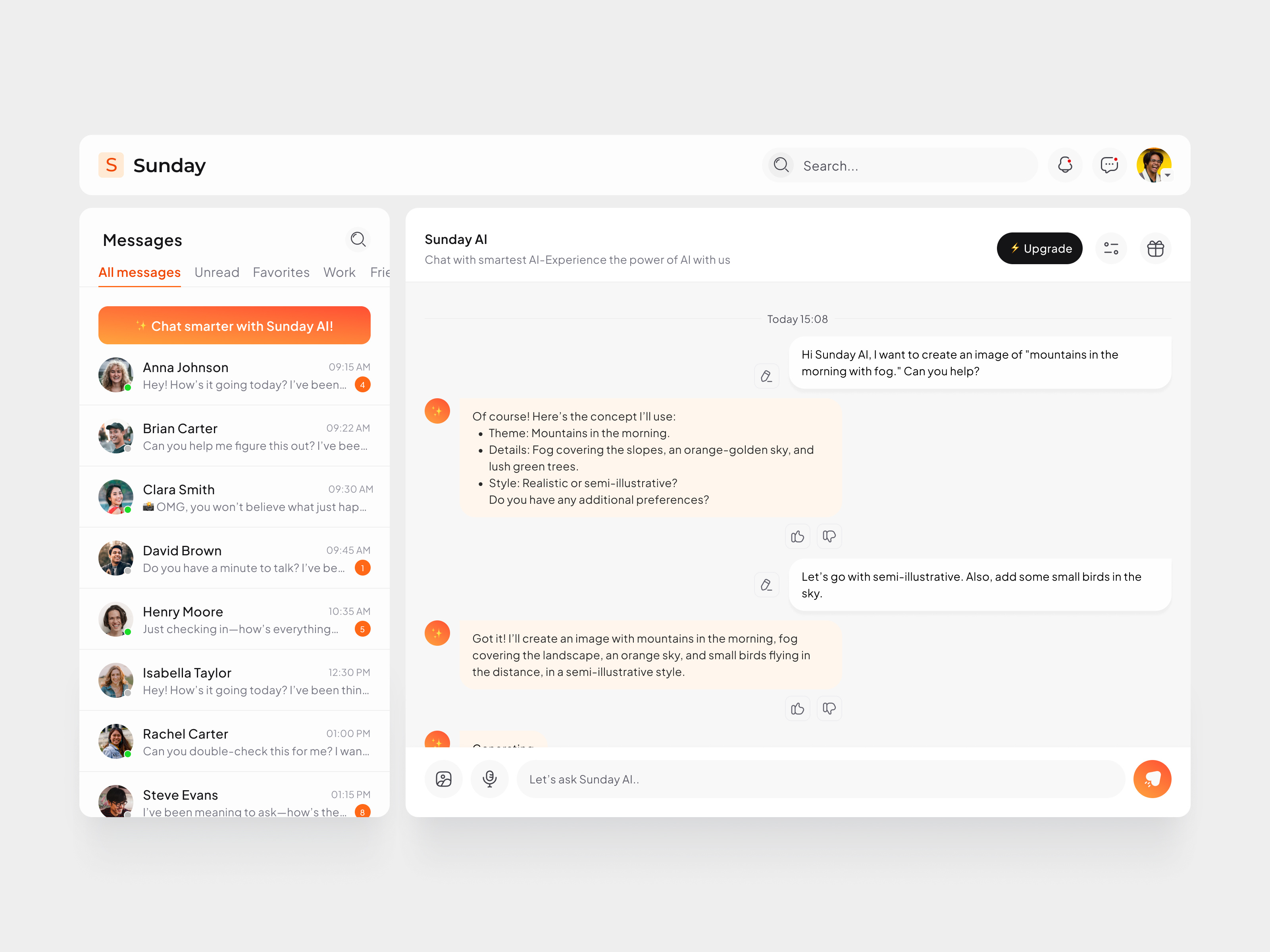 Sunday Ai - Web Chat ai app application chat chating interface message product send ui ux web app web chat