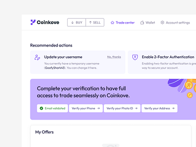 P2P Crypto Trading Website Dashboard authentication blockchain cleanui crypto cryptocurrency dashboard designinspiration figma finance interactiondesign minimal modern p2p productdesign trading uiux userprofile verification webapp