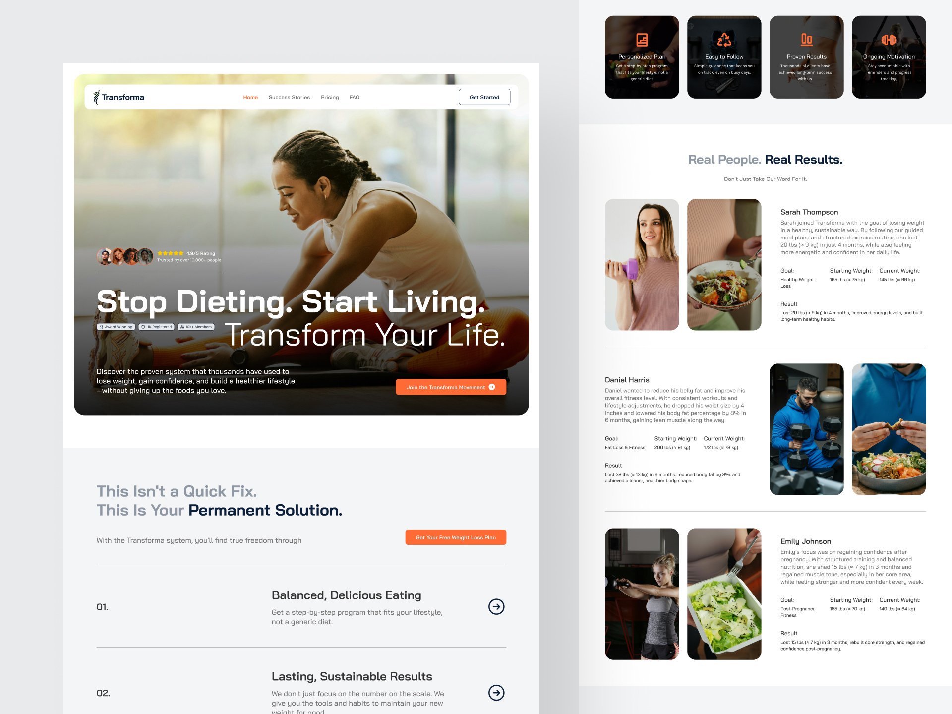 Transforma Concept Landing Page – Weight Loss Program conversionrateoptimization cro designthinking figma fitness health landingpagedesign uidesigner uiuxdesign upwork webdesign weightloss wellness