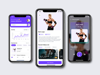 GYM Application chart design details page exercise card exercise record screen gym home screen gym mobile app recoding screen ui yoga yoga card