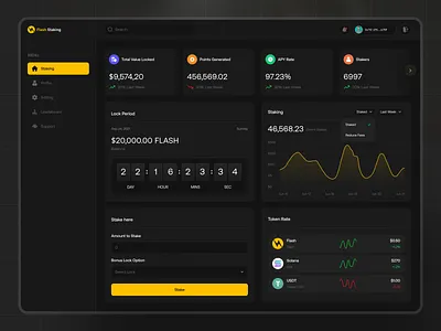 Flash Staking Dashboard — Modern Crypto UI Design blockchain app crypto crypto dashboard dark mode ui defi platform finance app fintech investment ui staking ui token staking ux dashboard wallet web3 design