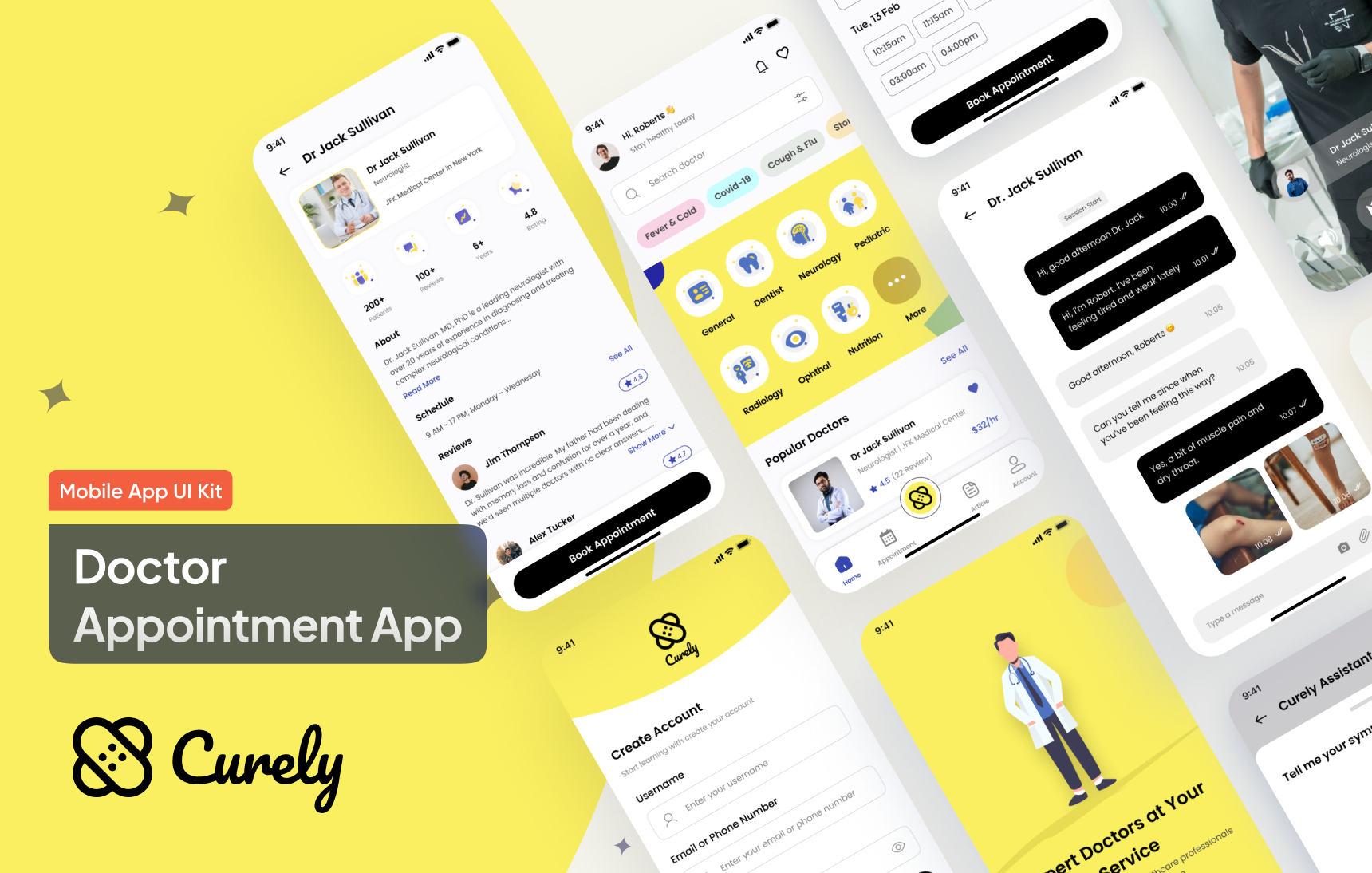 Curely - Doctor Appointment with AI Assistant UI Kit (Full) ai assistant android app design chat doctor doctor appointment figma full ui kit health homepage illustration ios medical mobile mobile design profile ui kit uikit uiux yellow