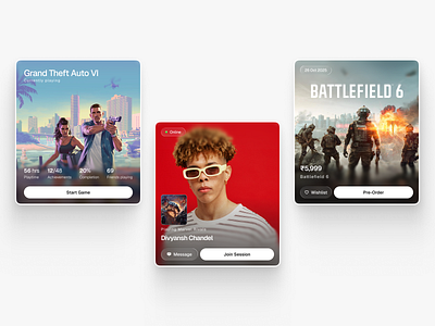 Game Cards Exploration carddesign design gameapp gaming glassdesign liquid glass minimal playstation ui uicards uidesign userinterface webdesign
