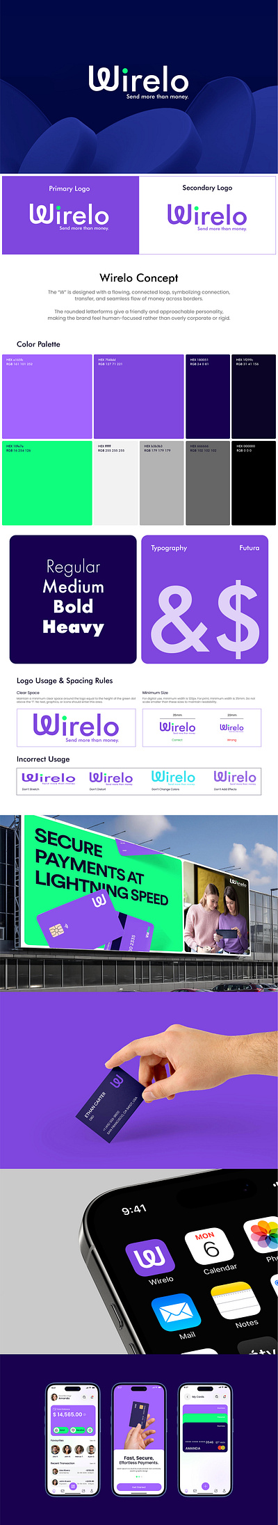 Wirelo – Fintech Brand Identity, Logo & Style Guide app icon design brand guidelines brand identity fintech branding logo design mobile app branding modern logo uiux mockup visual identity design