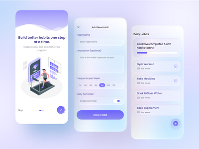 Habit Tracker App app design app ui figma fitness app form glass glass efect glass morphism habit app ui habit tracker app illustration light purple onboarding ui ui ux