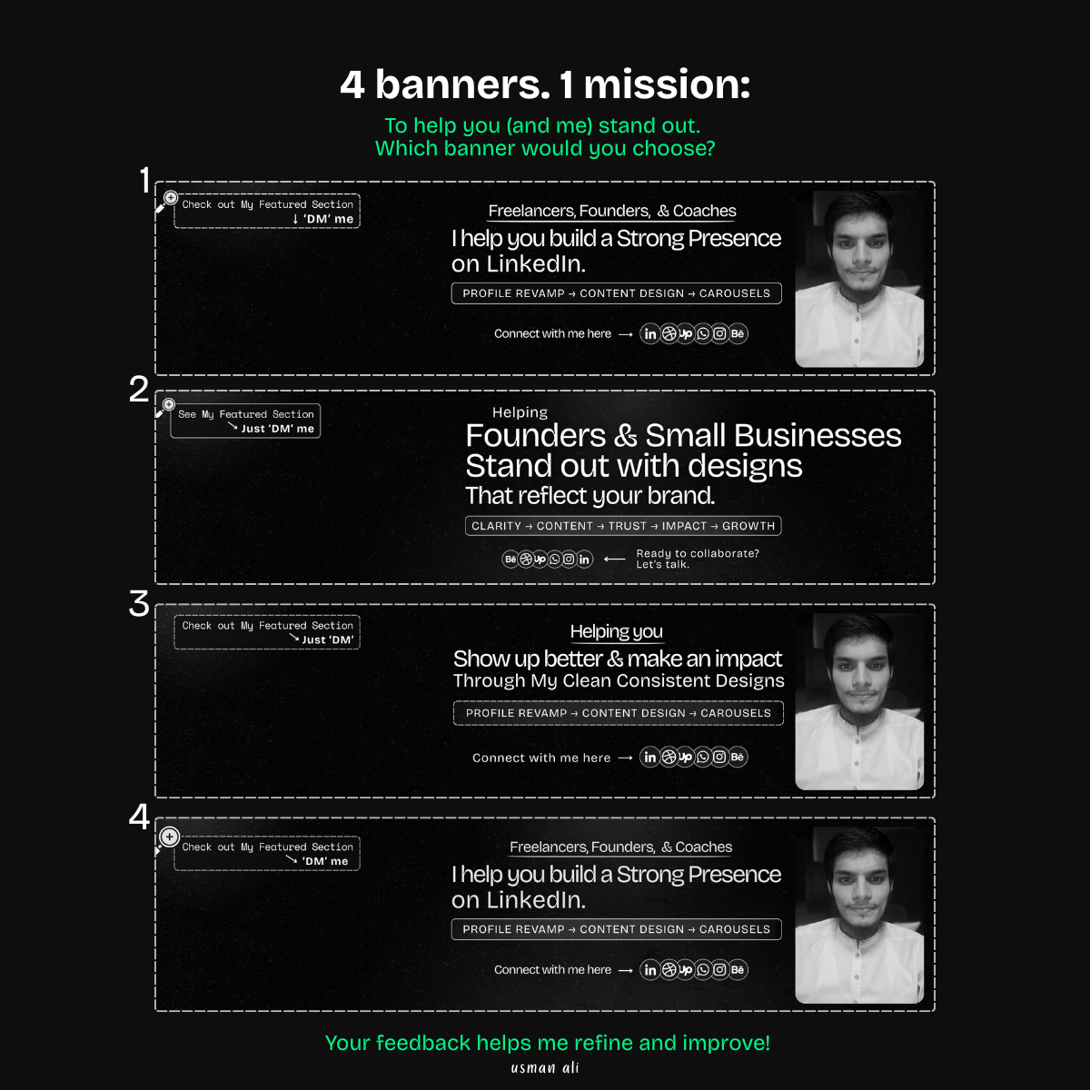 LinkedIn Profile Banner Variation Tests adobe photoshop branding canva graphic design linkedin banner variations linkedin profile personal branding profile revamp