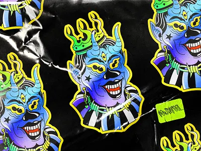 Powerfool clown creepy crown demon fool holographic jester joker power sticker vector illustration