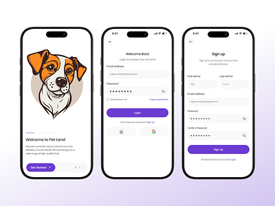 Pet Land – Pet Care & Store Mobile App UI/UX animal care app ui ux clean ui ecommerce app mobile app design mobile ui design modern ui pet accessories pet app pet care pet food pet lovers pet store shopping app ux design