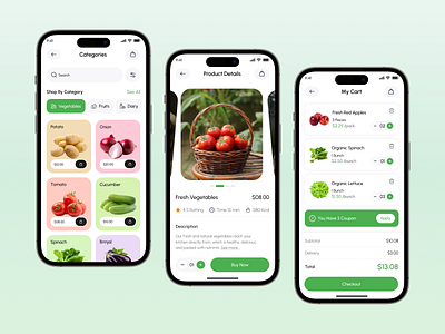 Smart - Grocery Mobile App UI/UX category page ecommerce app food grocery app ios minimal design mobile mobile app modern ui my cart page online shopping product details retail app shopping app smart buy ui app uidesign uiux