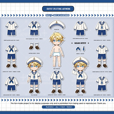 Outfit Splitting Artwork | Davis in Sailor mode anime chibi children illustration cosplay costume design diy doll fashion game kid mobile game paper craft paper doll sailor school uniform shota sticker tears of themis uniform youth