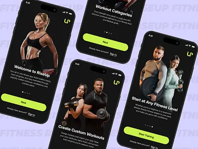 RiseUp Fitness – Onboarding Walkthrough app app ui dark app ui fitness app minimalist modern design motivation ui ux workout app