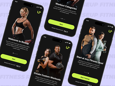 RiseUp Fitness – Onboarding Walkthrough app app ui dark app ui fitness app minimalist modern design motivation ui ux workout app