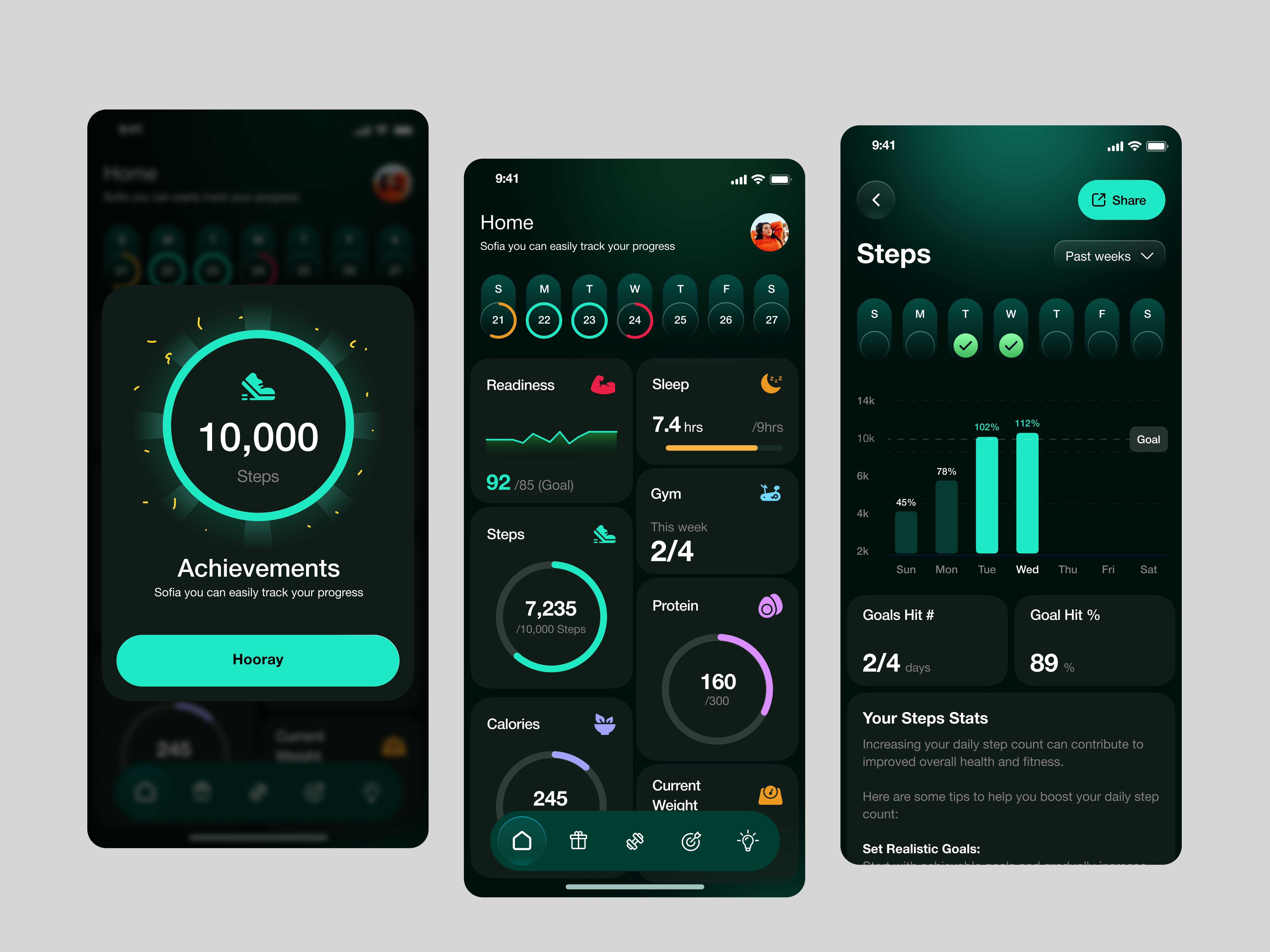 Fitness and Health Monitoring App achivement app app design app interface dashboard fitness app fitness apps fitness tracker goal tracker ios app mobile mobile app mobile app design mobile application mobile ui modern app design modern app ui product design ui ux