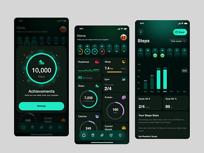 Fitness and Health Monitoring App achivement app app design app interface dashboard fitness app fitness apps fitness tracker goal tracker ios app mobile mobile app mobile app design mobile application mobile ui modern app design modern app ui product design ui ux