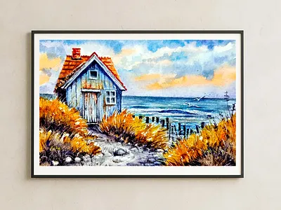 Original Watercolor Seaside Painting – Rustic House near Sea Art art hand painted house illustration nature ocean paint painting plant sea
