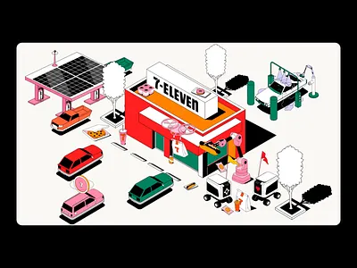 Futuristic 7-Eleven Store Illustration autonomous delivery city life cityscape design concept illustration creative city digital illustration food delivery future concept futuristic city isometric art modern retail retail design robotic service smart economy smart retail smart robots store concept technology art urban future urban mobility