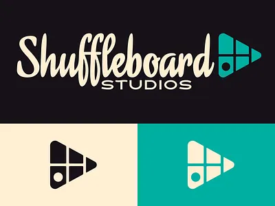 Shuffleboard Studios Logo board branding design logo nostalgic playbutton puck retro sebm shuffleboard studio triangle typography