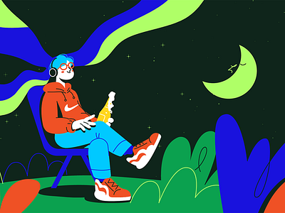 Night Chill Vibes Illustration abstract shapes cartoon artwork character design chill vibes creative mood dreamy night fantasy vibe graphic style illustration lifestyle art modern flat moon art night illustration playful scene surreal artwork vibrant design