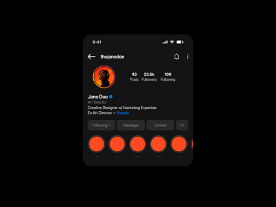 Instagram Profile Page UI Concept - Dark Mode design figma graphic design instragram minimal minimal design minimalism profile profile page profile page desing social media ui ui design uxui uxui design