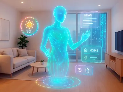 Futuristic holographic assistant interacting home technology control