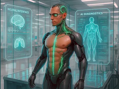 Futuristic cyborg with holographic medical scans light