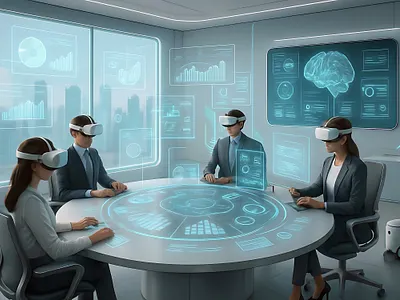 Business professionals collaborate in a futuristic workspace