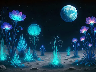 Alien bioluminescent flora under a distant moonlit sky mushrooms