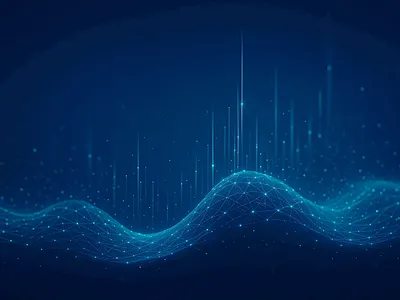 Abstract blue wave with digital data streams flowing upwards visualization
