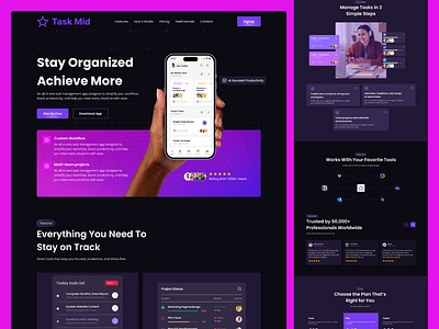 Task Management Landing Page Design app landing page clean design figma landing page landing page mobile app mobile landing page modern web app design product design productivity landing page project management dashboard saas landing page task managemen task management website task tracker design ui design uiux design ux design visual design web design website design