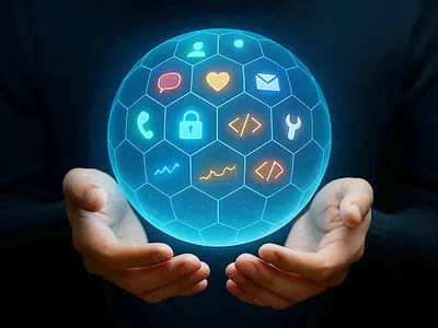 Hands holding a futuristic digital security shield with icons concept